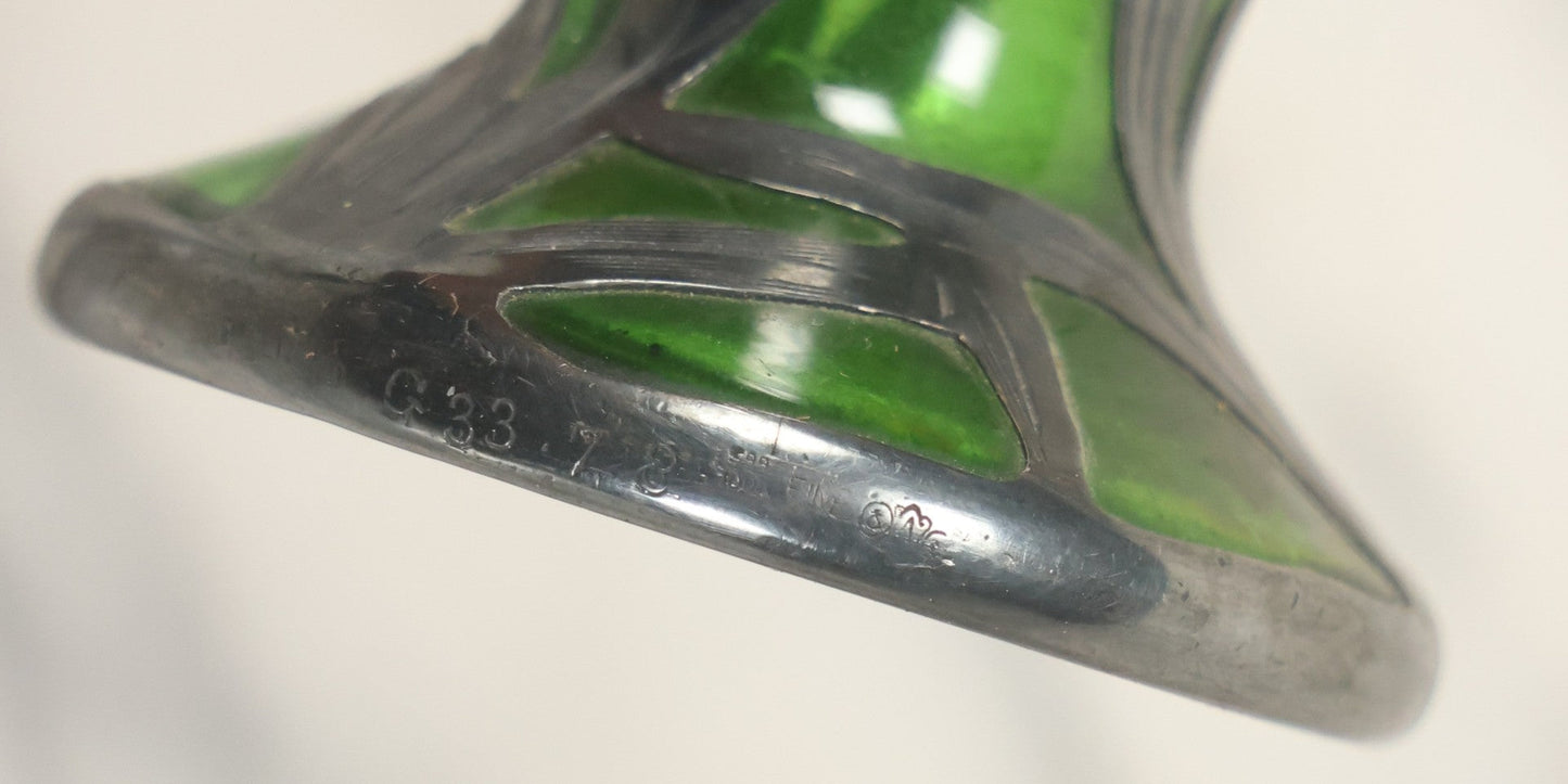 Lot 108 - Antique Green Uranium Glass Beaker-Form Bud Vase With .999 Fine Silver Overlay Floral Lily Design, Marked “Patent G 33.78” And “999 100 Fine” With Illegible Maker's Mark, Note Cracked and Damaged, 4-1/8" H