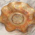 Lot 109 - Antique Peach-Colored Wish-Bone Style Carnival Glass Bowl With Dragon And Lotus Motifs, 8-3/4" Diameter