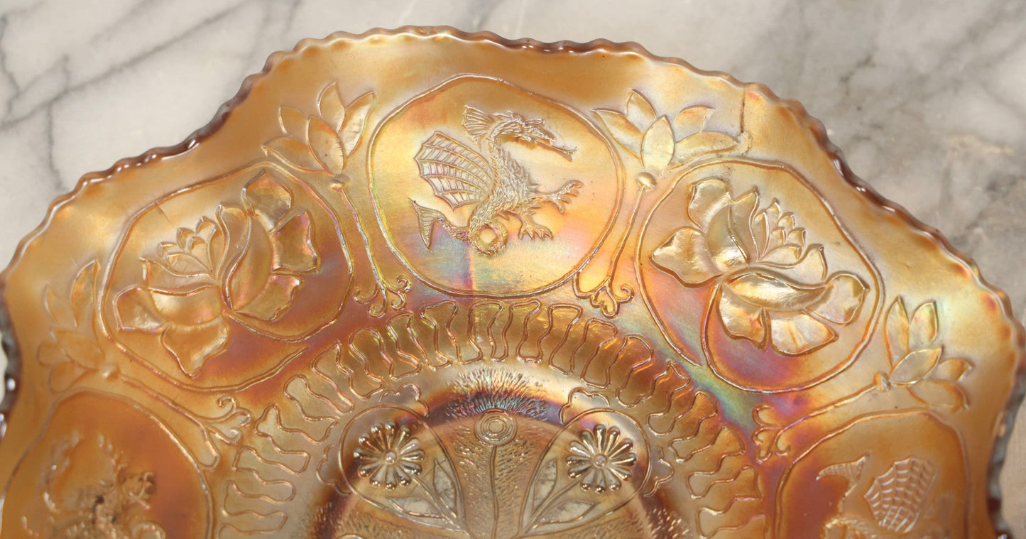Lot 109 - Antique Peach-Colored Wish-Bone Style Carnival Glass Bowl With Dragon And Lotus Motifs, 8-3/4" Diameter