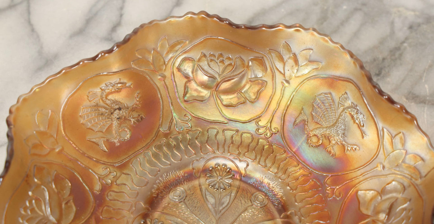 Lot 109 - Antique Peach-Colored Wish-Bone Style Carnival Glass Bowl With Dragon And Lotus Motifs, 8-3/4" Diameter