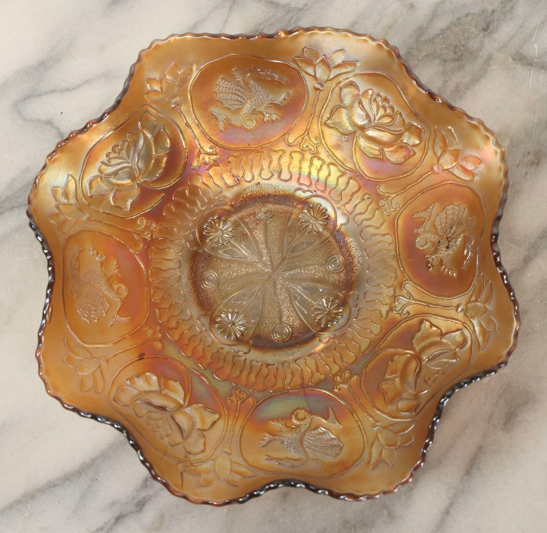 Lot 109 - Antique Peach-Colored Wish-Bone Style Carnival Glass Bowl With Dragon And Lotus Motifs, 8-3/4" Diameter