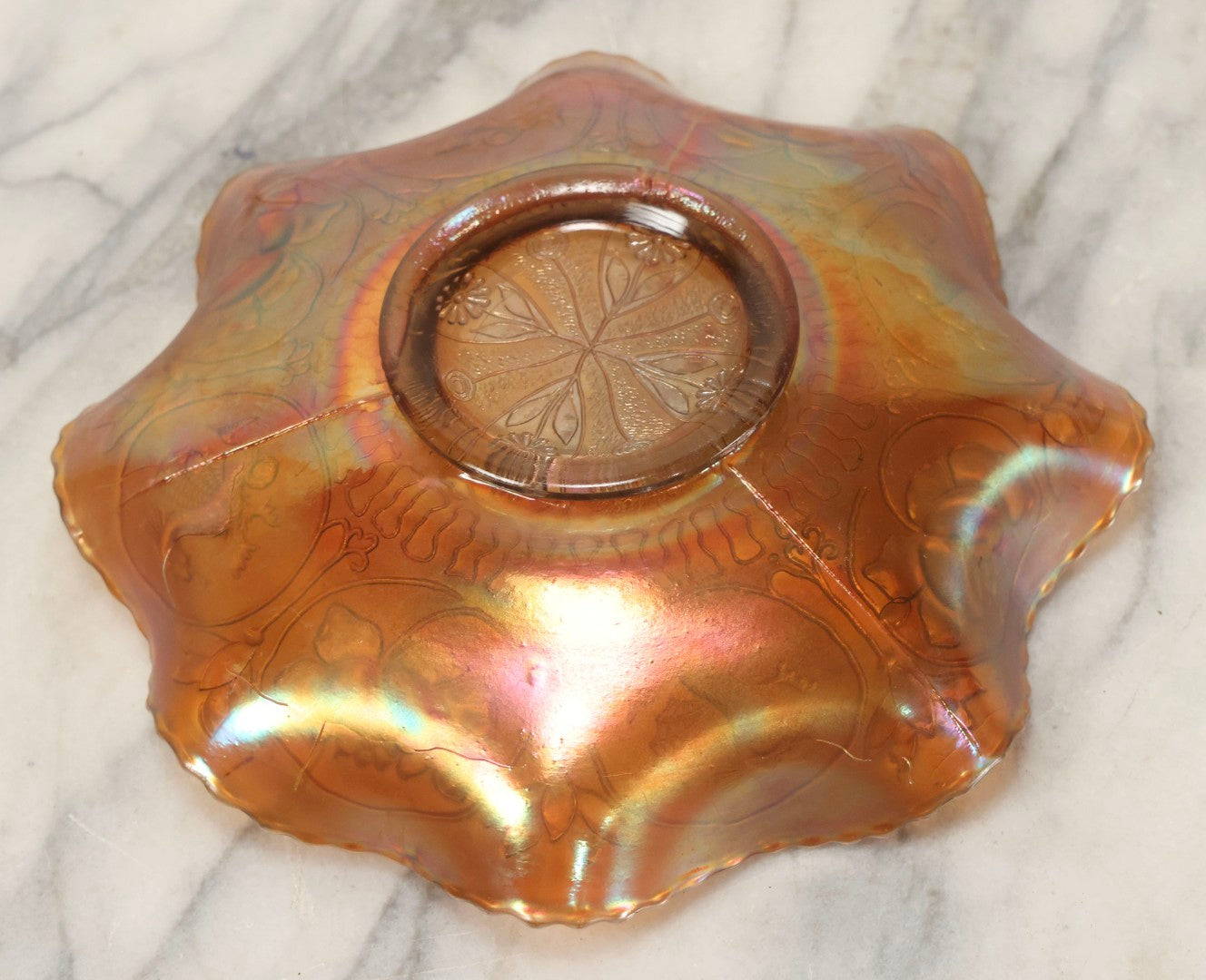 Lot 109 - Antique Peach-Colored Wish-Bone Style Carnival Glass Bowl With Dragon And Lotus Motifs, 8-3/4" Diameter