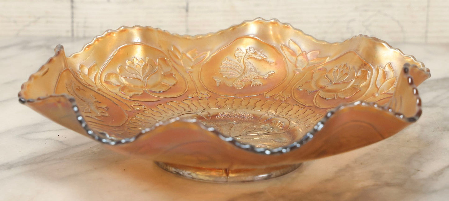 Lot 109 - Antique Peach-Colored Wish-Bone Style Carnival Glass Bowl With Dragon And Lotus Motifs, 8-3/4" Diameter