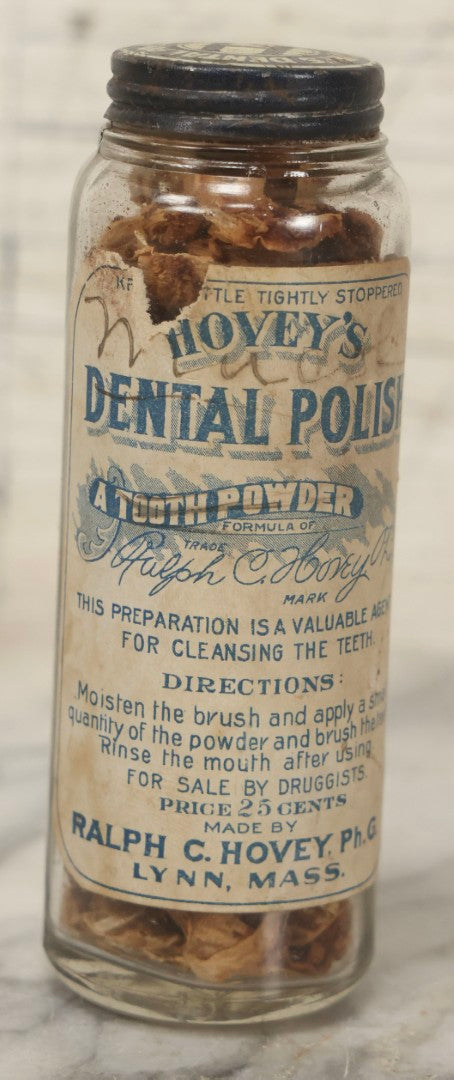 Lot 111 - Antique Hovey's Dental Polish Tooth Powder Jar, Ralph C. Hovey, Ph.G., Lynn, Massachusetts, Later Reused To Store Herbal Material, 4-3/4" H