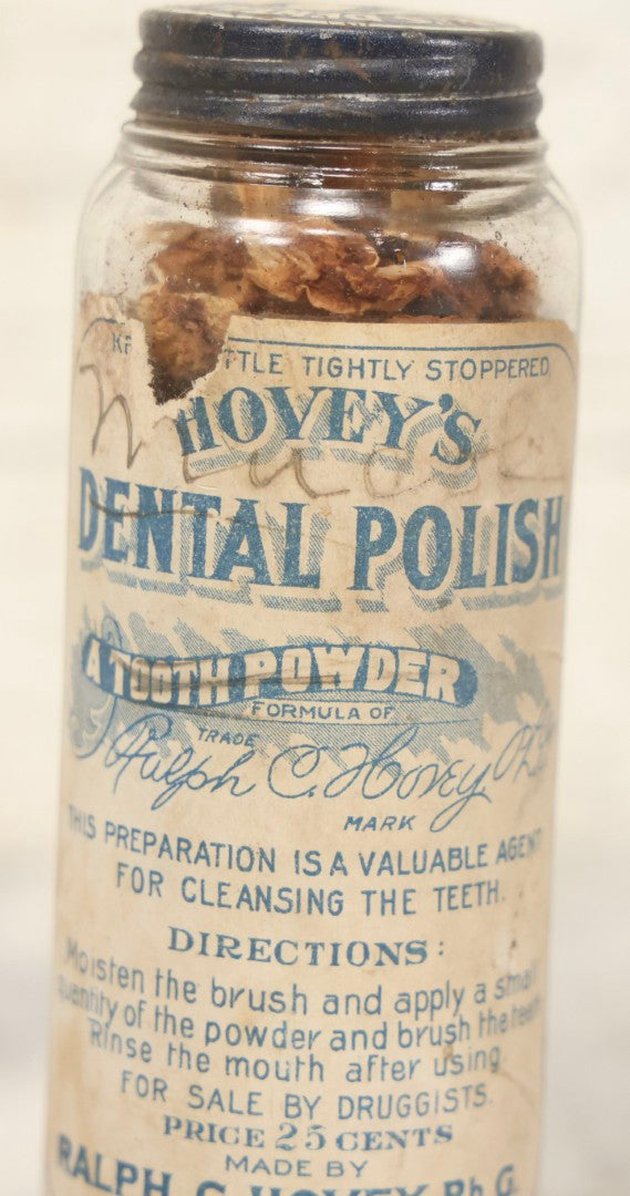 Lot 111 - Antique Hovey's Dental Polish Tooth Powder Jar, Ralph C. Hovey, Ph.G., Lynn, Massachusetts, Later Reused To Store Herbal Material, 4-3/4" H