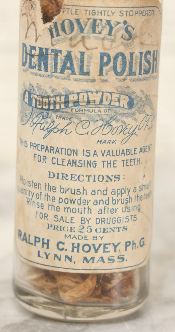 Lot 111 - Antique Hovey's Dental Polish Tooth Powder Jar, Ralph C. Hovey, Ph.G., Lynn, Massachusetts, Later Reused To Store Herbal Material, 4-3/4" H