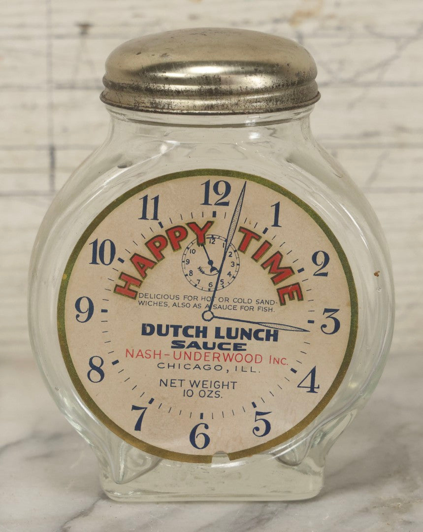 Lot 115 - Vintage "Happy Time" Dutch Lunch Sauce Glass Jar With Lid, Clockface Motif, Nash-Underwood Inc., Chicago, Illinois, 4-5/8" H