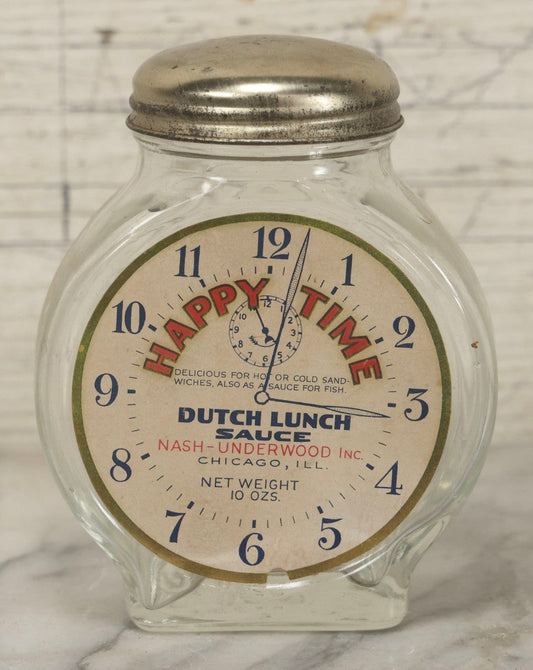 Lot 115 - Vintage "Happy Time" Dutch Lunch Sauce Glass Jar With Lid, Clockface Motif, Nash-Underwood Inc., Chicago, Illinois, 4-5/8" H