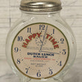 Lot 115 - Vintage "Happy Time" Dutch Lunch Sauce Glass Jar With Lid, Clockface Motif, Nash-Underwood Inc., Chicago, Illinois, 4-5/8" H