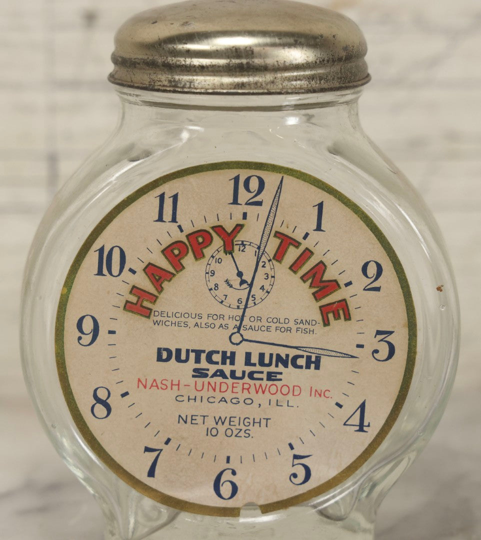 Lot 115 - Vintage "Happy Time" Dutch Lunch Sauce Glass Jar With Lid, Clockface Motif, Nash-Underwood Inc., Chicago, Illinois, 4-5/8" H
