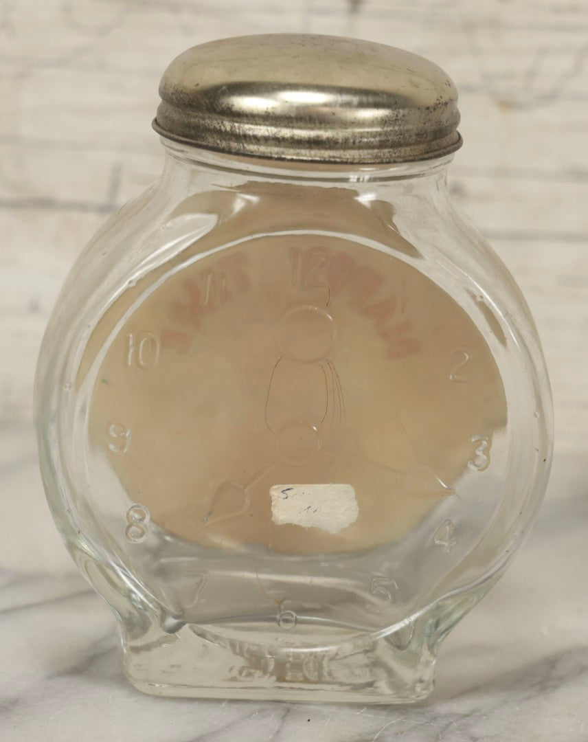 Lot 115 - Vintage "Happy Time" Dutch Lunch Sauce Glass Jar With Lid, Clockface Motif, Nash-Underwood Inc., Chicago, Illinois, 4-5/8" H