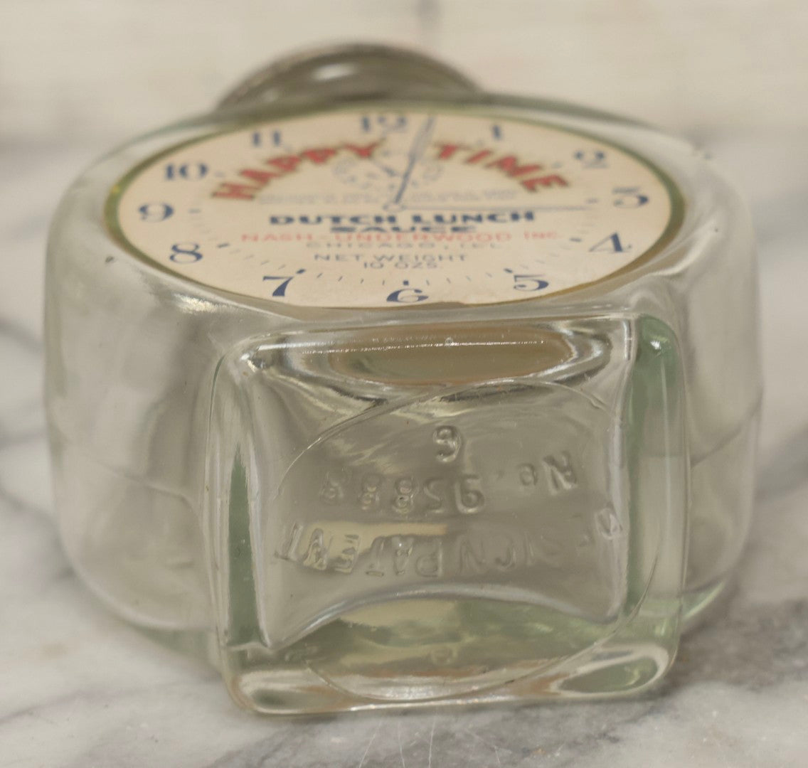 Lot 115 - Vintage "Happy Time" Dutch Lunch Sauce Glass Jar With Lid, Clockface Motif, Nash-Underwood Inc., Chicago, Illinois, 4-5/8" H