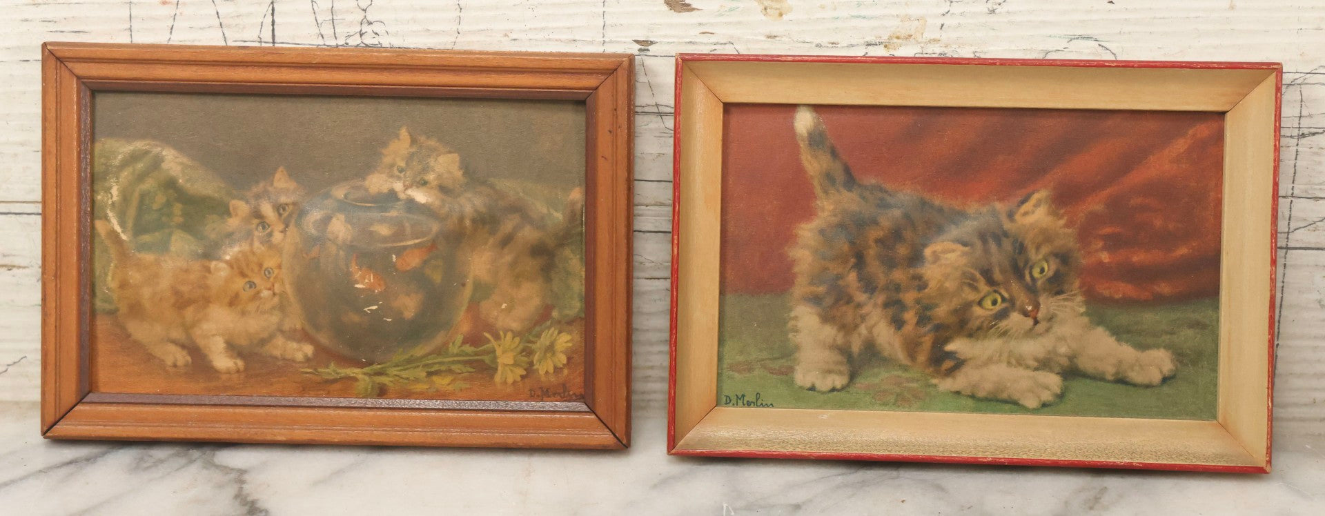Lot 120 - Pair Of Framed Illustrated “Puffed” Cat "Embossarts" Prints By D. Merlin, Atlas Embossed Picture Co., New York, 6-1/4" x 4-1/4" Each