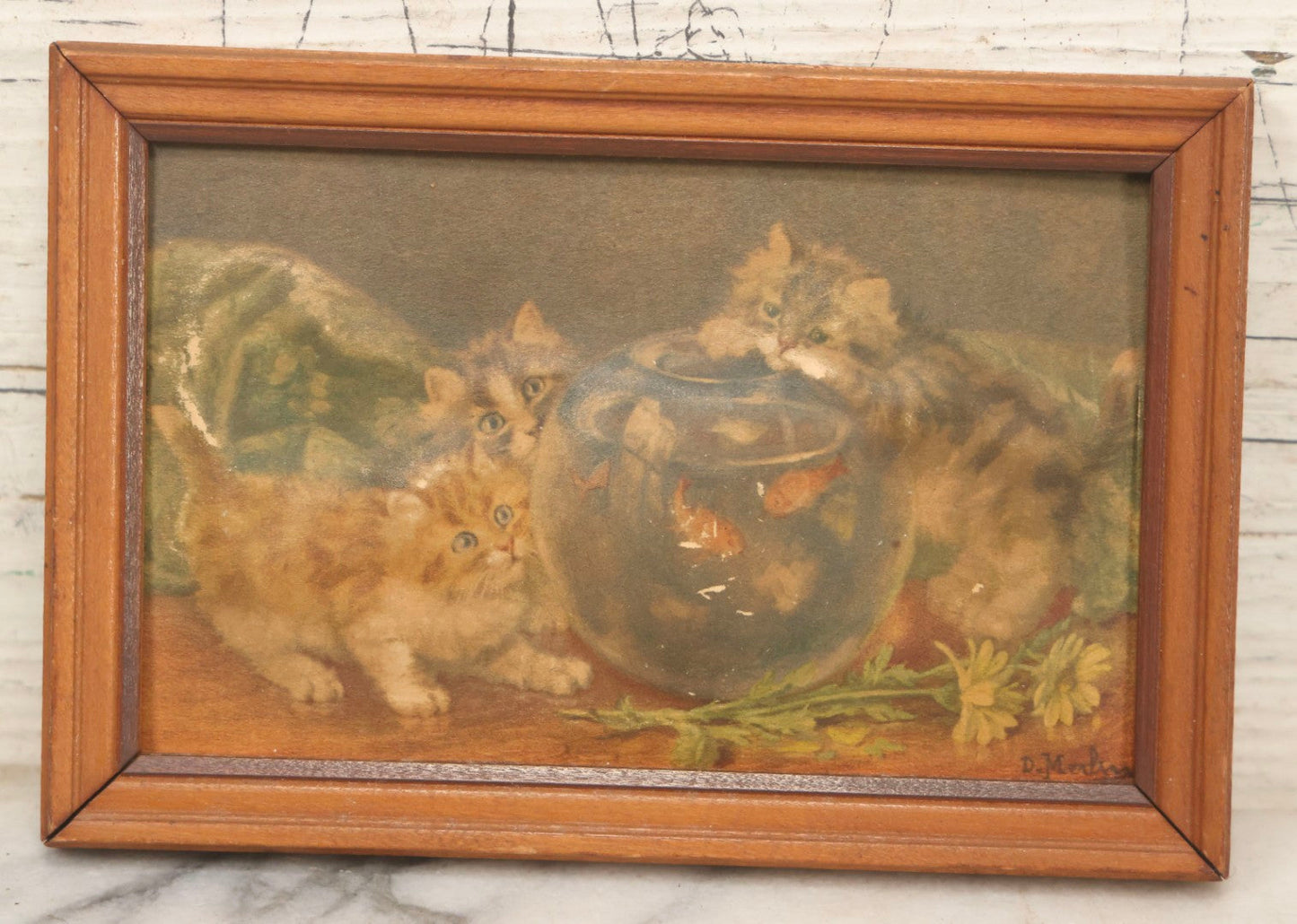 Lot 120 - Pair Of Framed Illustrated “Puffed” Cat "Embossarts" Prints By D. Merlin, Atlas Embossed Picture Co., New York, 6-1/4" x 4-1/4" Each