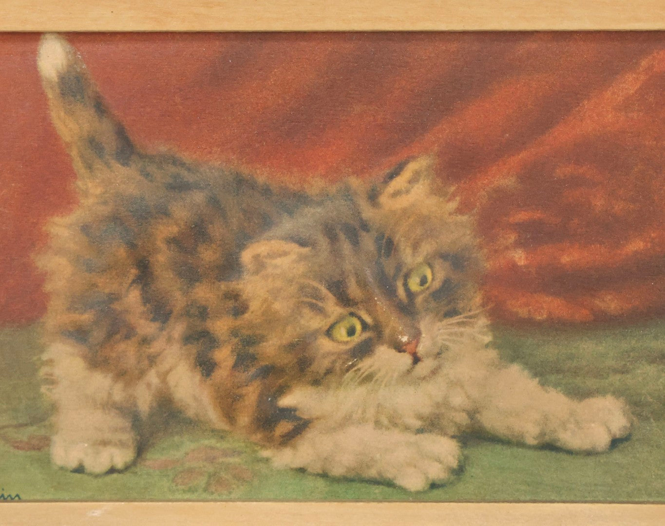 Lot 120 - Pair Of Framed Illustrated “Puffed” Cat "Embossarts" Prints By D. Merlin, Atlas Embossed Picture Co., New York, 6-1/4" x 4-1/4" Each