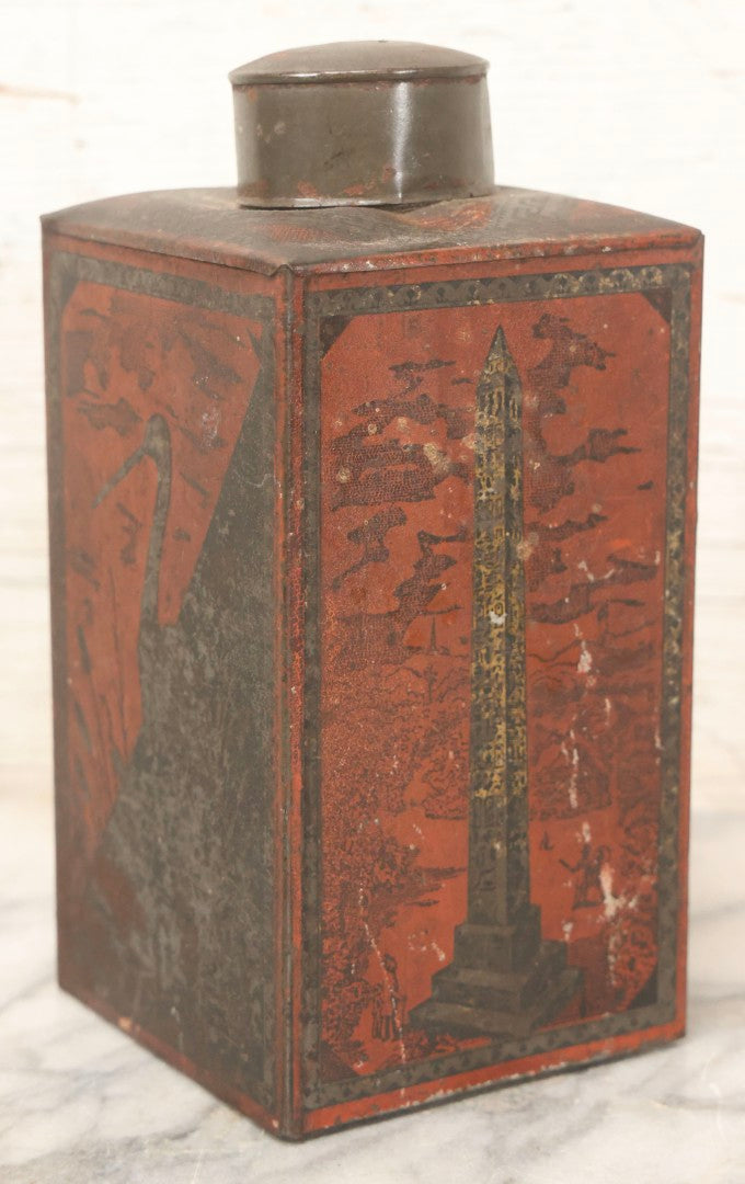 Lot 122 - Antique Japanese Tin Tea Canister With Lithographed Orientalist Scenes, Obelisk, And Umbrella Lady Motif, Late 19th Century, 7-3/4" H