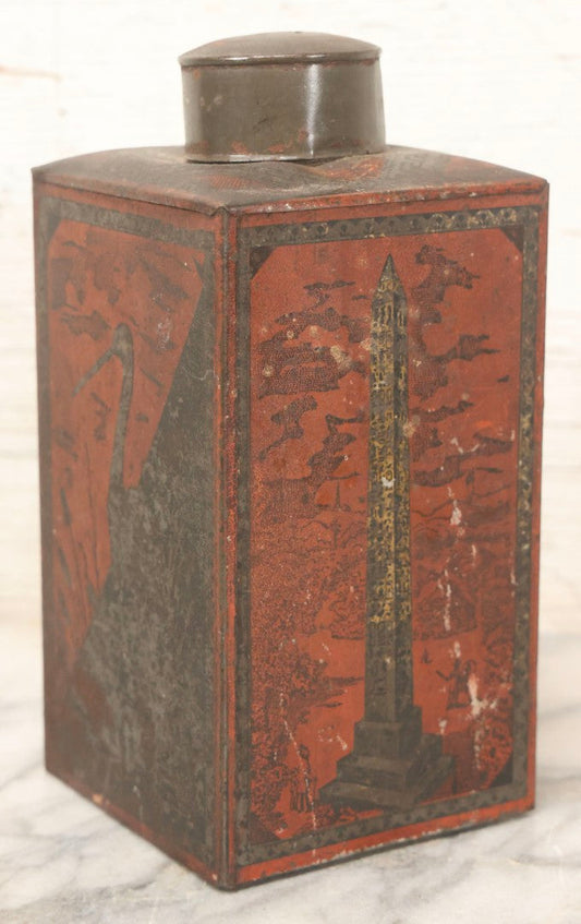 Lot 122 - Antique Japanese Tin Tea Canister With Lithographed Orientalist Scenes, Obelisk, And Umbrella Lady Motif, Late 19th Century, 7-3/4" H