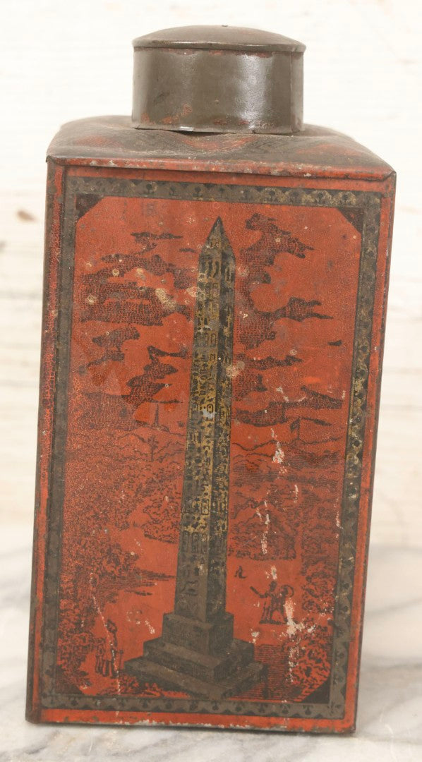 Lot 122 - Antique Japanese Tin Tea Canister With Lithographed Orientalist Scenes, Obelisk, And Umbrella Lady Motif, Late 19th Century, 7-3/4" H