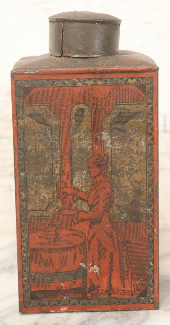 Lot 122 - Antique Japanese Tin Tea Canister With Lithographed Orientalist Scenes, Obelisk, And Umbrella Lady Motif, Late 19th Century, 7-3/4" H