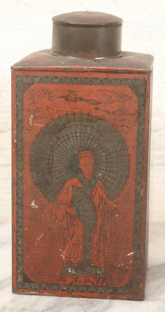 Lot 122 - Antique Japanese Tin Tea Canister With Lithographed Orientalist Scenes, Obelisk, And Umbrella Lady Motif, Late 19th Century, 7-3/4" H