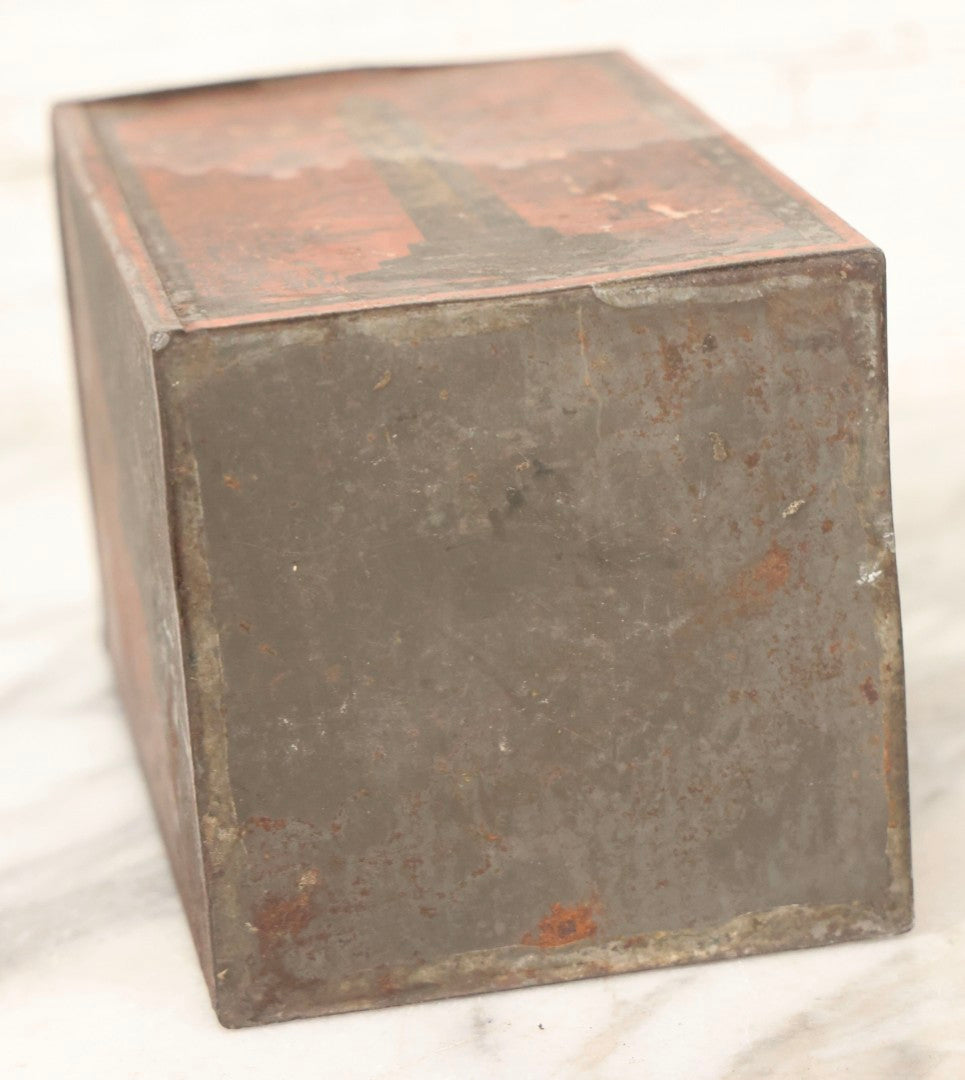 Lot 122 - Antique Japanese Tin Tea Canister With Lithographed Orientalist Scenes, Obelisk, And Umbrella Lady Motif, Late 19th Century, 7-3/4" H