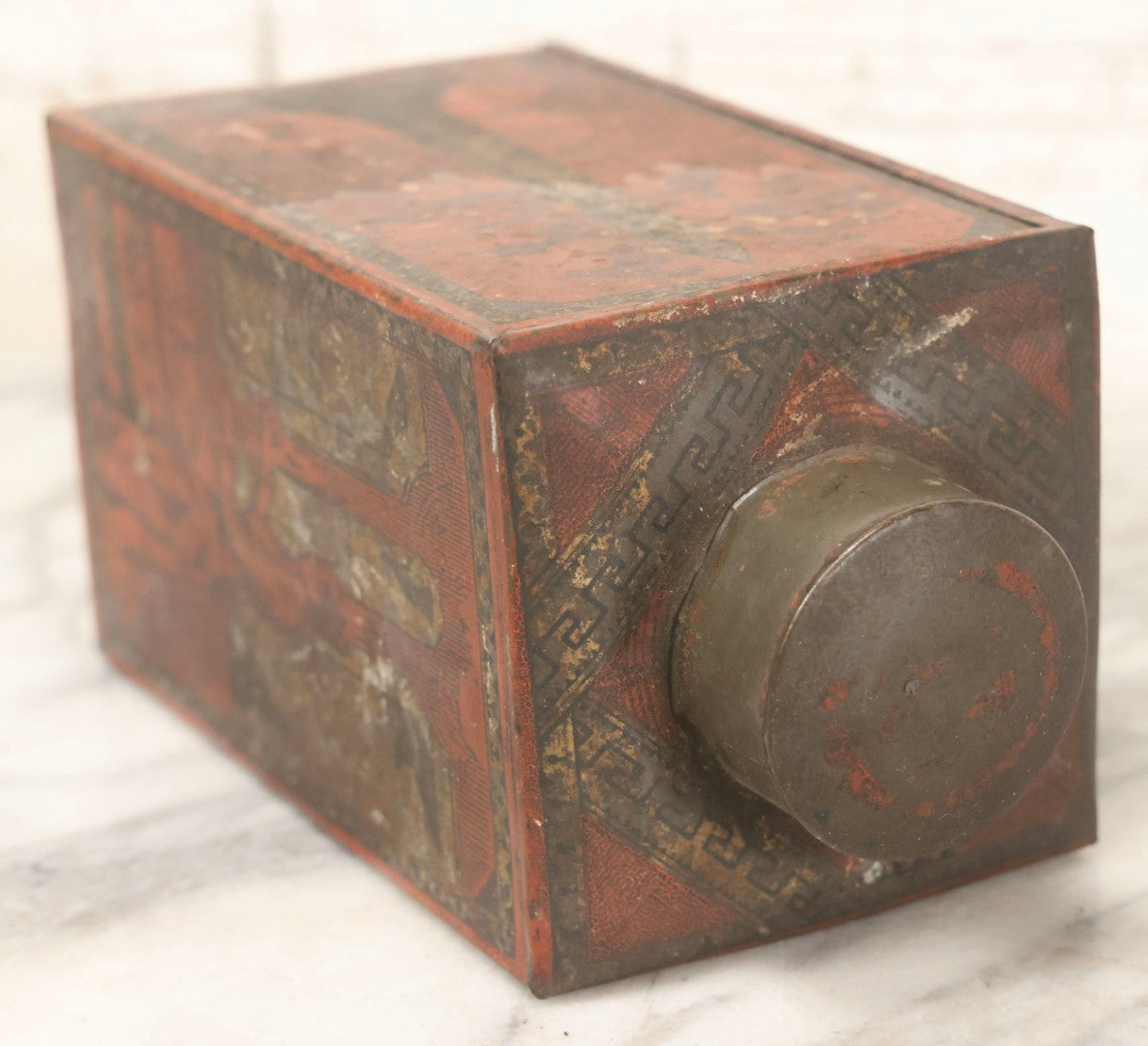 Lot 122 - Antique Japanese Tin Tea Canister With Lithographed Orientalist Scenes, Obelisk, And Umbrella Lady Motif, Late 19th Century, 7-3/4" H