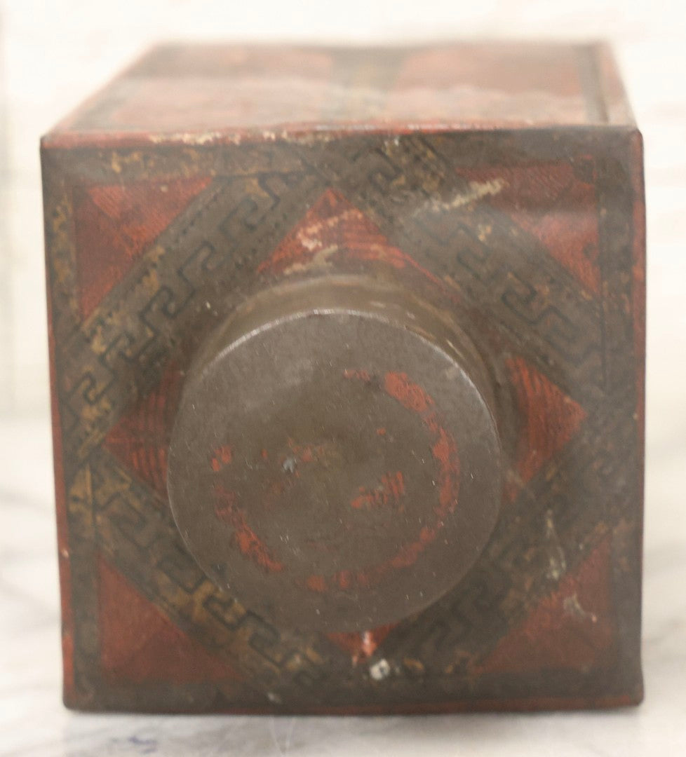 Lot 122 - Antique Japanese Tin Tea Canister With Lithographed Orientalist Scenes, Obelisk, And Umbrella Lady Motif, Late 19th Century, 7-3/4" H