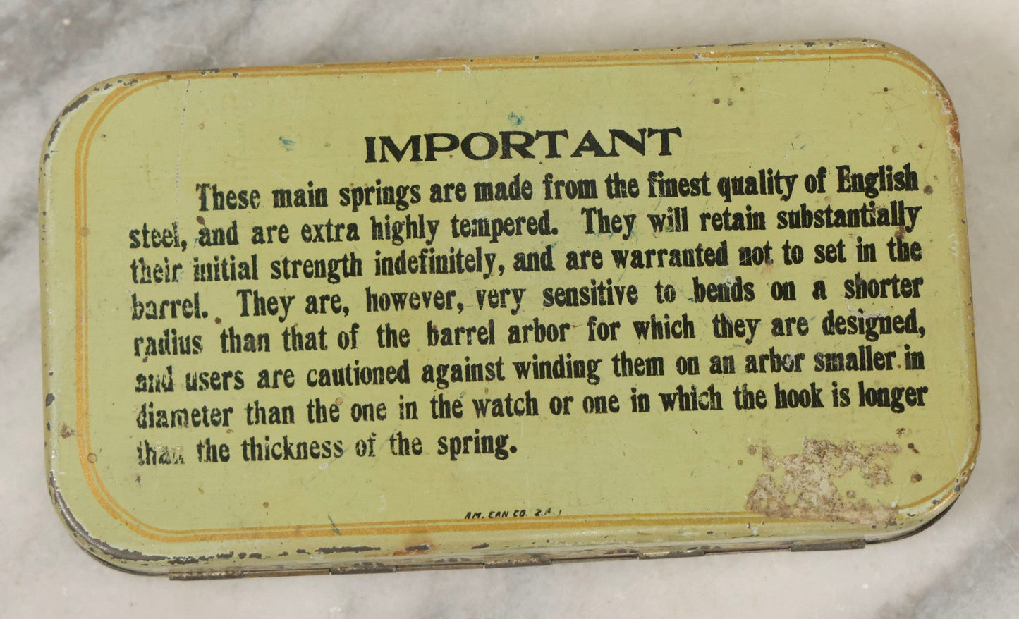 Lot 123 - Grouping Of Six Antique Watchmakers Mainspring Parts Tins Including Waltham, M. Myers, Elgin National, And Meyer Jewelry Co.