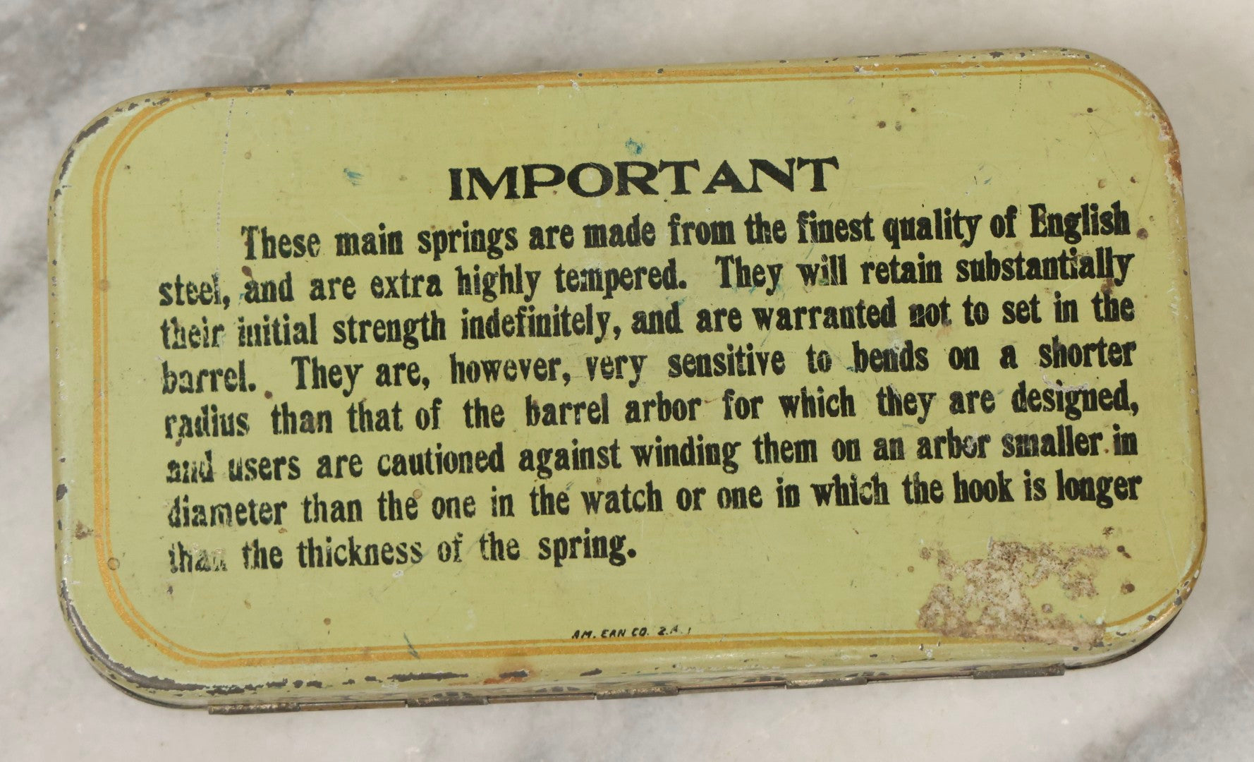 Lot 123 - Grouping Of Six Antique Watchmakers Mainspring Parts Tins Including Waltham, M. Myers, Elgin National, And Meyer Jewelry Co.