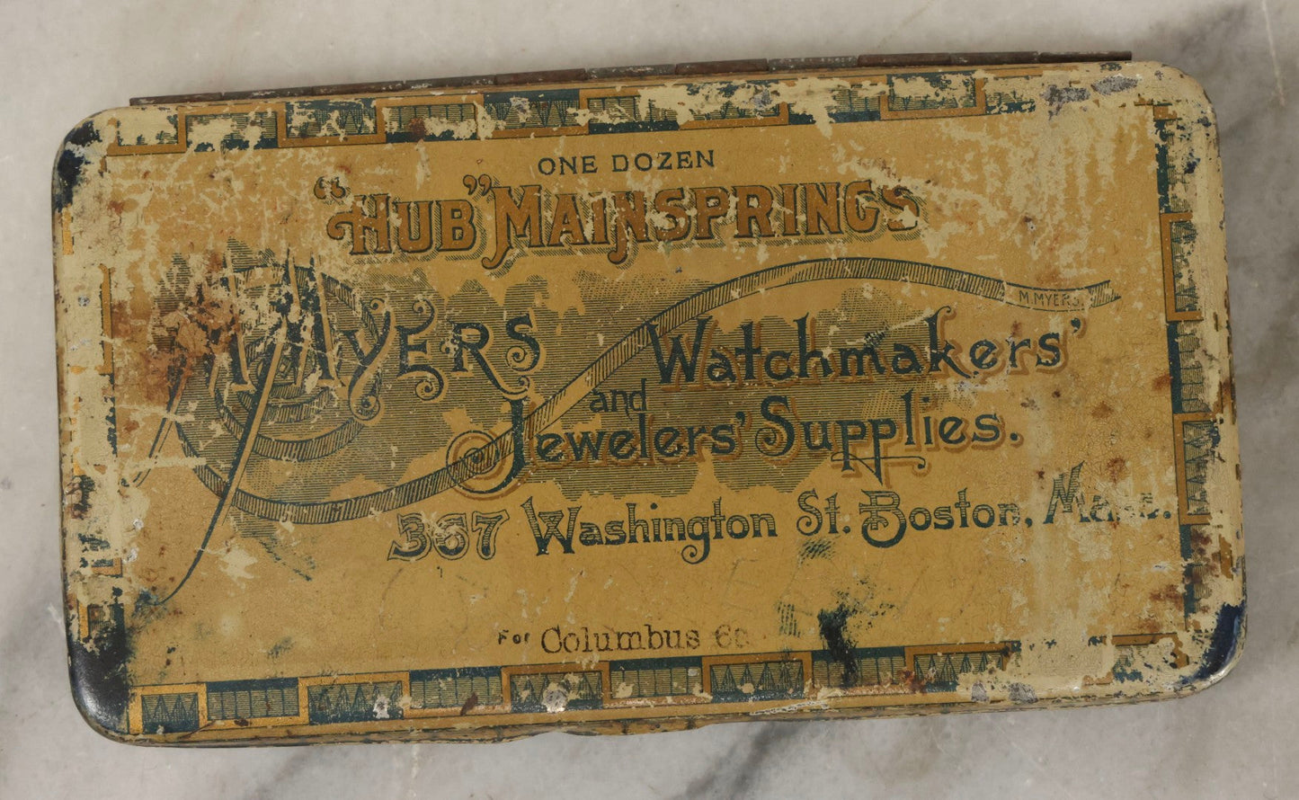Lot 123 - Grouping Of Six Antique Watchmakers Mainspring Parts Tins Including Waltham, M. Myers, Elgin National, And Meyer Jewelry Co.