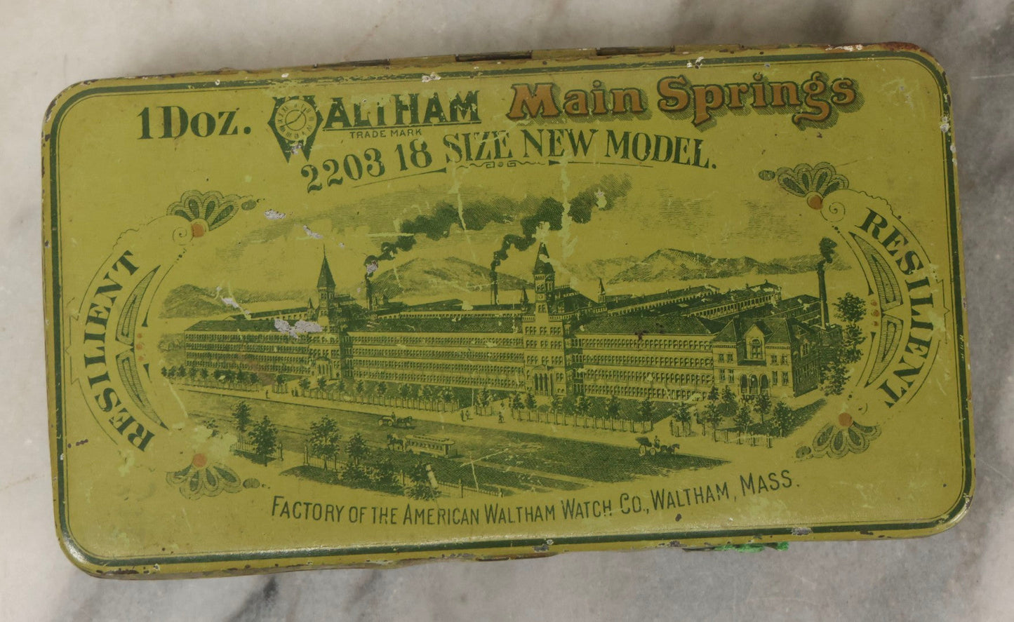 Lot 123 - Grouping Of Six Antique Watchmakers Mainspring Parts Tins Including Waltham, M. Myers, Elgin National, And Meyer Jewelry Co.