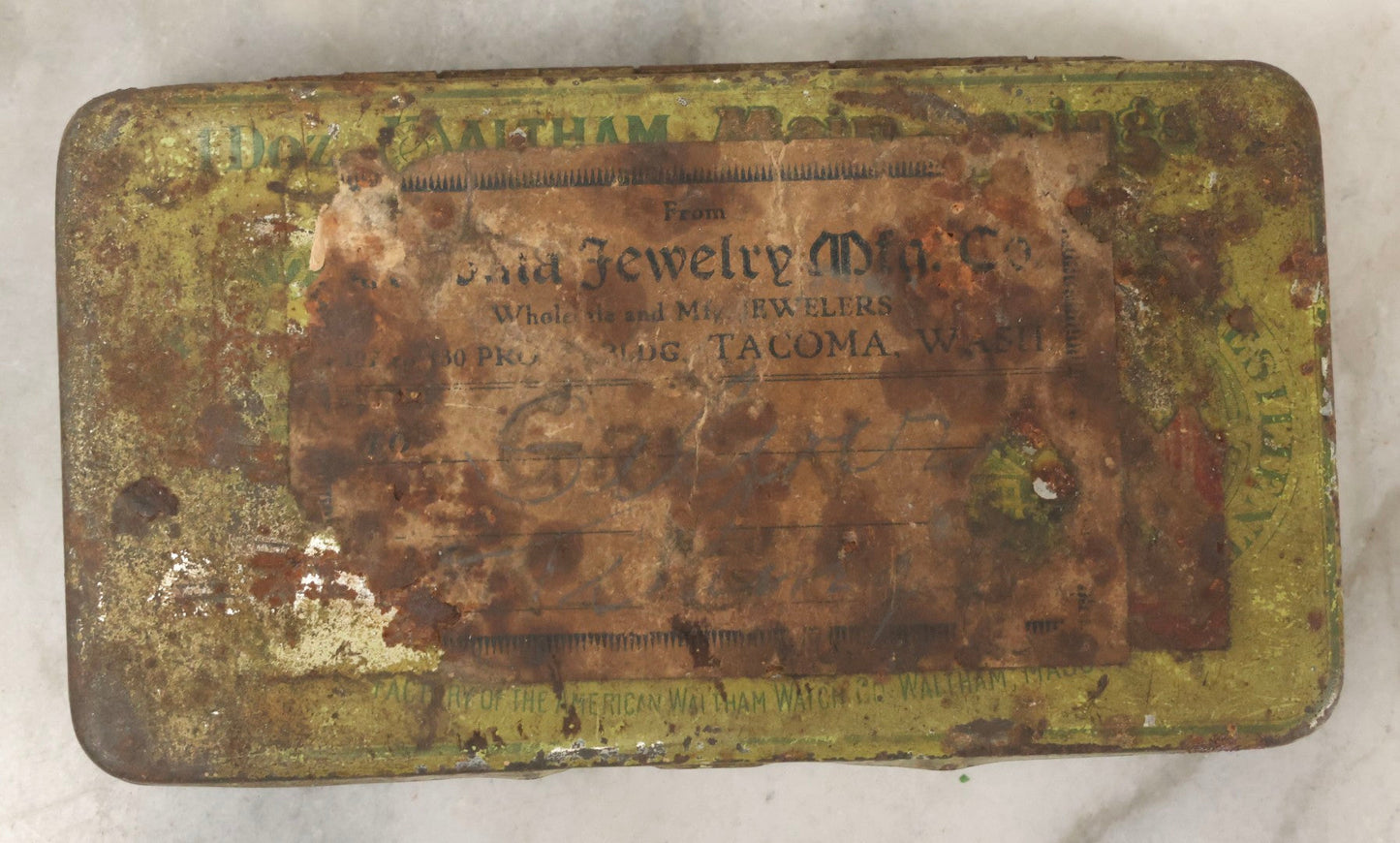 Lot 123 - Grouping Of Six Antique Watchmakers Mainspring Parts Tins Including Waltham, M. Myers, Elgin National, And Meyer Jewelry Co.