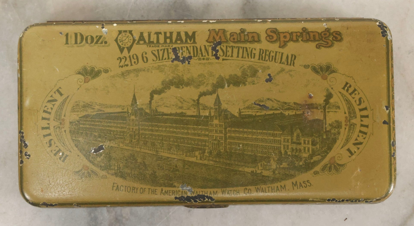 Lot 123 - Grouping Of Six Antique Watchmakers Mainspring Parts Tins Including Waltham, M. Myers, Elgin National, And Meyer Jewelry Co.