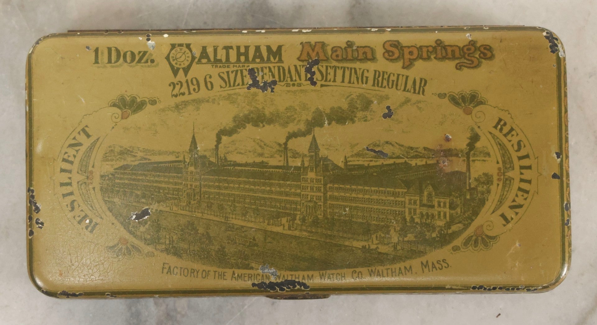 Lot 123 - Grouping Of Six Antique Watchmakers Mainspring Parts Tins Including Waltham, M. Myers, Elgin National, And Meyer Jewelry Co.