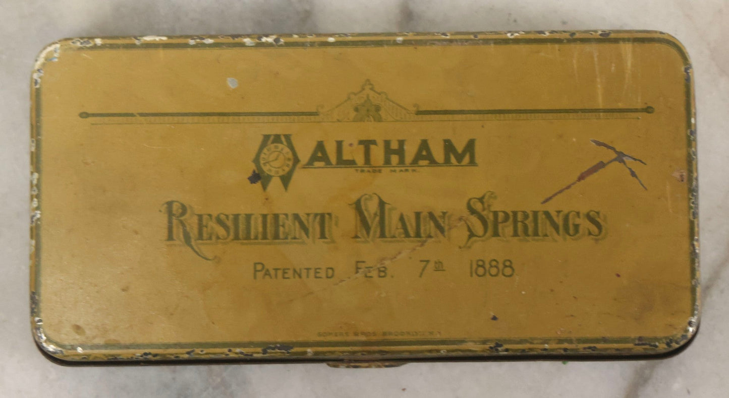 Lot 123 - Grouping Of Six Antique Watchmakers Mainspring Parts Tins Including Waltham, M. Myers, Elgin National, And Meyer Jewelry Co.