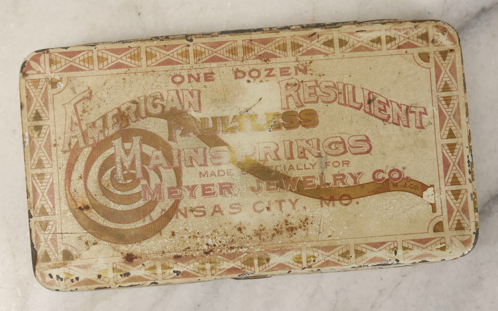 Lot 123 - Grouping Of Six Antique Watchmakers Mainspring Parts Tins Including Waltham, M. Myers, Elgin National, And Meyer Jewelry Co.