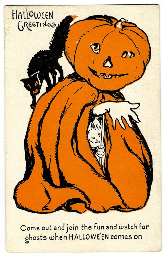 Lot 128 - Antique Hallowe'en Postcard “Hallowe'en Greetings” Featuring Child In Jack-O-Lantern Costume With Black Cat, Series No. 1133, Made In USA., Not Postmarked, Unused