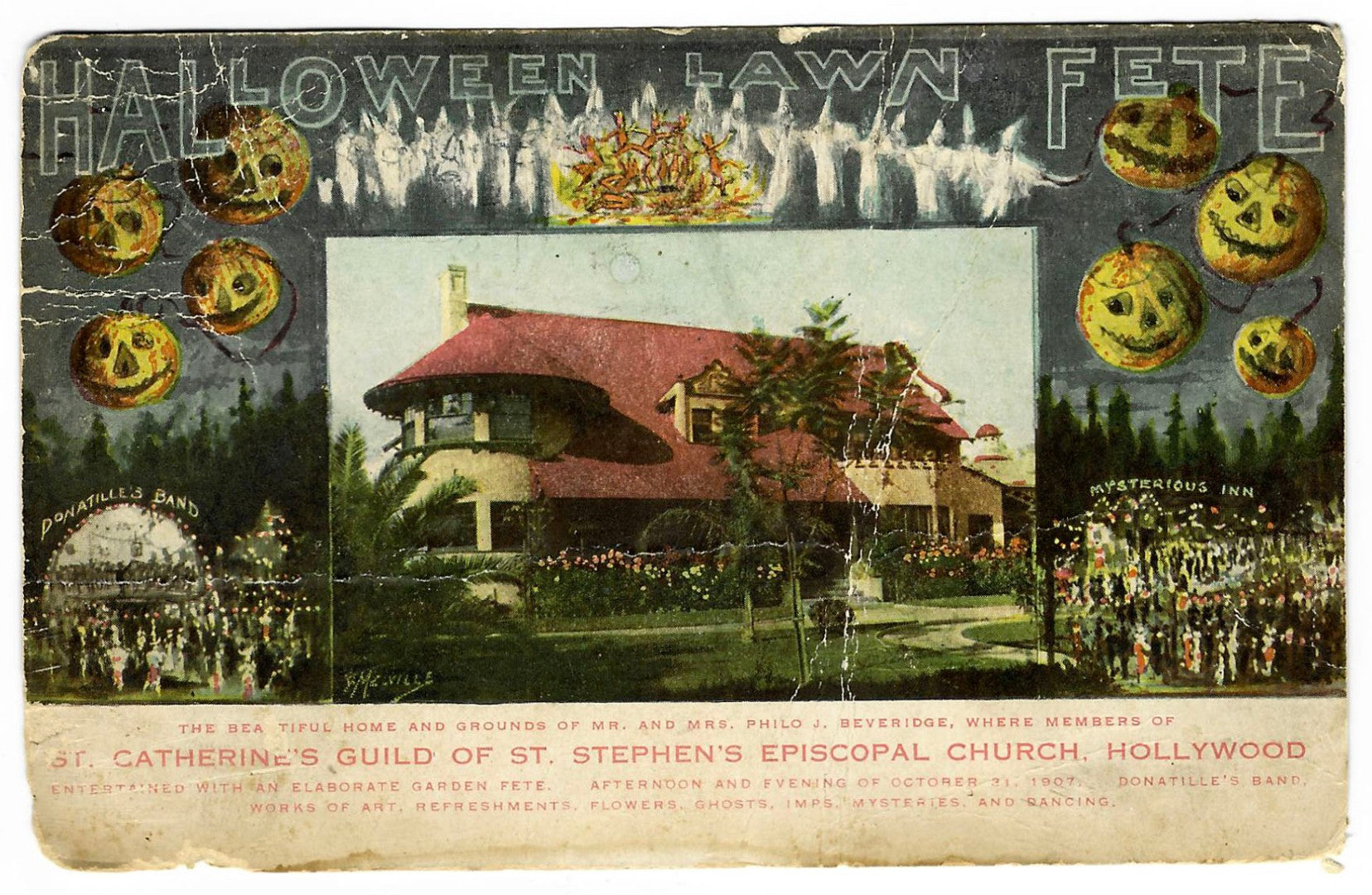 Lot 129 - Antique Hallowe'en Postcard “Hallowe'en Lawn Fete” Depicting Beveridge Residence With Jack-O-Lanterns, Ghosts, And Crowds, St. Catherine's Guild Of St. Stephen's Episcopal Church, W. Melville, Hollywood, Postmarked 1908, Written On Verso