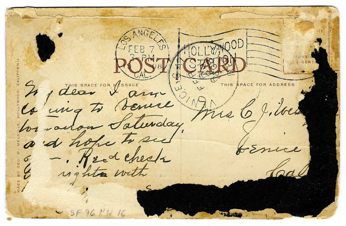 Lot 129 - Antique Hallowe'en Postcard “Hallowe'en Lawn Fete” Depicting Beveridge Residence With Jack-O-Lanterns, Ghosts, And Crowds, St. Catherine's Guild Of St. Stephen's Episcopal Church, W. Melville, Hollywood, Postmarked 1908, Written On Verso