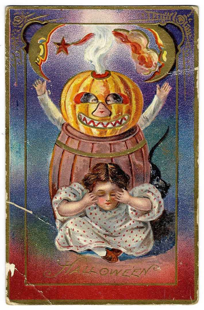 Lot 130 - Antique Embossed Gold-Accented Hallowe'en Postcard Depicting Jack-O-Lantern Costume Emerging From Barrel Behind Girl And Black Cat, Hallowe'en Series No. 5, Postmarked, Written On Verso