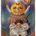 Lot 130 - Antique Embossed Gold-Accented Halloween Postcard Depicting Jack-O-Lantern Costume Emerging From Barrel Behind Girl And Black Cat, Halloween Series No. 5, Postmarked, Written On Verso