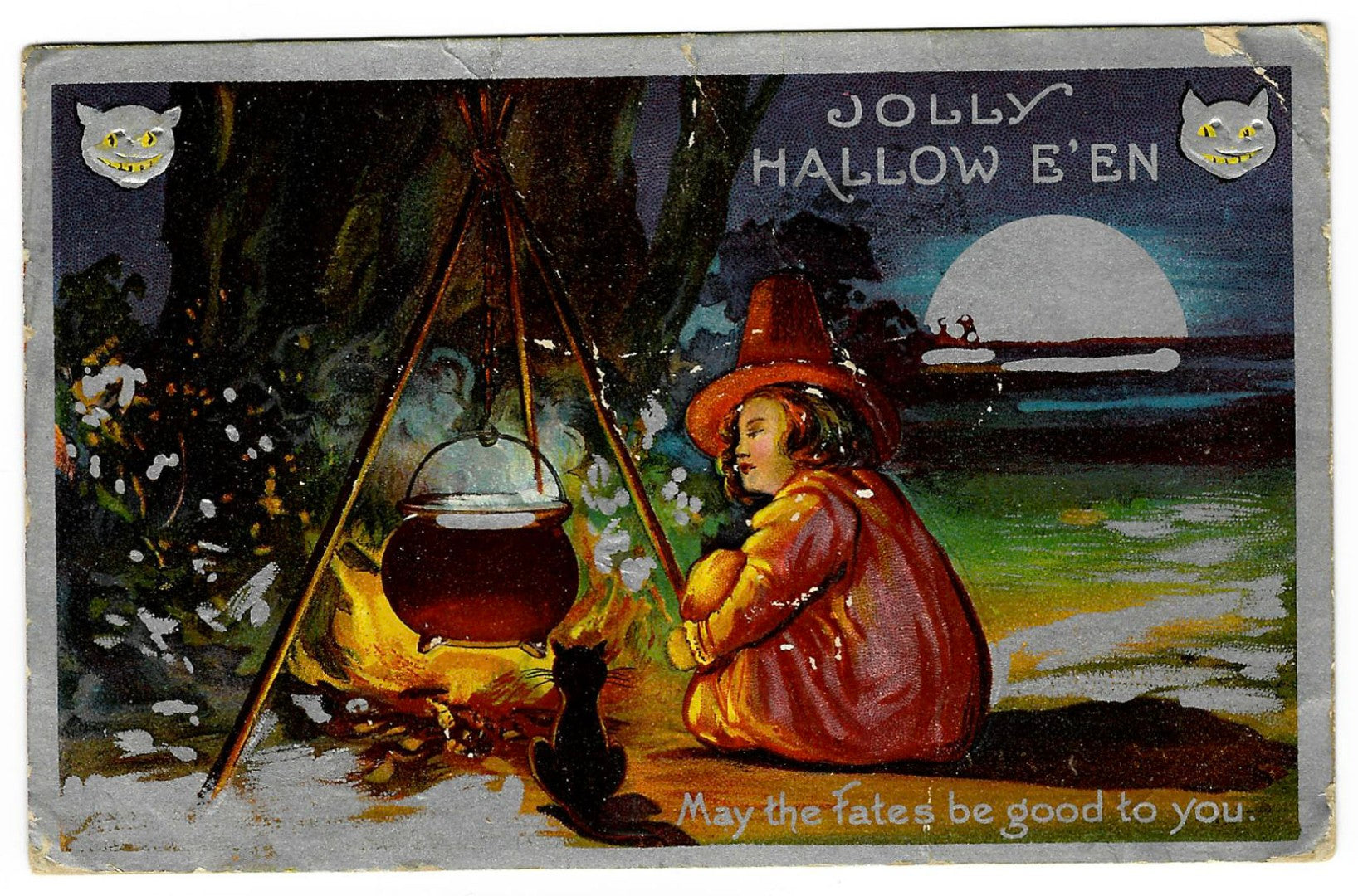 Lot 131 - Antique Hallowe'en Postcard “Jolly Hallowe'en – May The Fates Be Good To You” Depicting Child And Black Cat By Cauldron Fire Beneath Full Moon, Postmarked Times Square Station, New York, 1909, Written On Verso