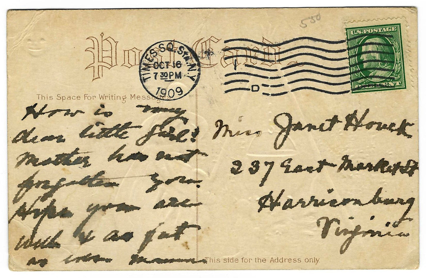 Lot 131 - Antique Hallowe'en Postcard “Jolly Hallowe'en – May The Fates Be Good To You” Depicting Child And Black Cat By Cauldron Fire Beneath Full Moon, Postmarked Times Square Station, New York, 1909, Written On Verso