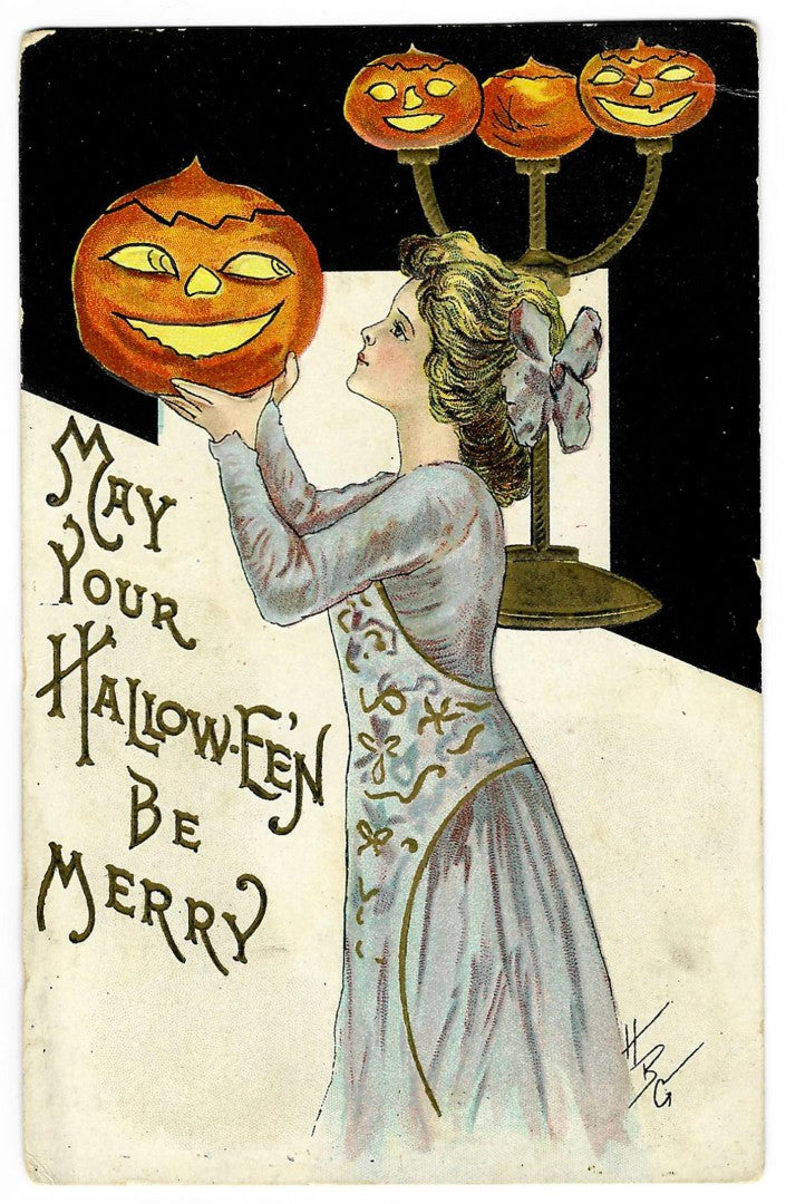 Lot 132 - Antique Embossed Hallowe'en Postcard “May Your Hallowe'en Be Merry” Depicting Woman Holding Jack-O-Lantern Beside Pumpkins On Candelabra, L. & E. Serie 2262, Reading, Pennsylvania, 1910, Addressed To Shoemakersville, Pennsylvania