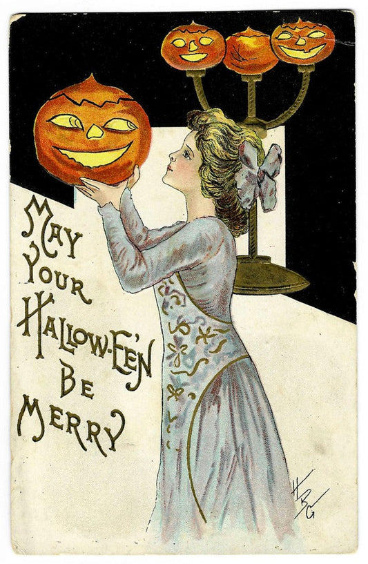 Lot 132 - Antique Embossed Hallowe'en Postcard “May Your Hallowe'en Be Merry” Depicting Woman Holding Jack-O-Lantern Beside Pumpkins On Candelabra, L. & E. Serie 2262, Reading, Pennsylvania, 1910, Addressed To Shoemakersville, Pennsylvania
