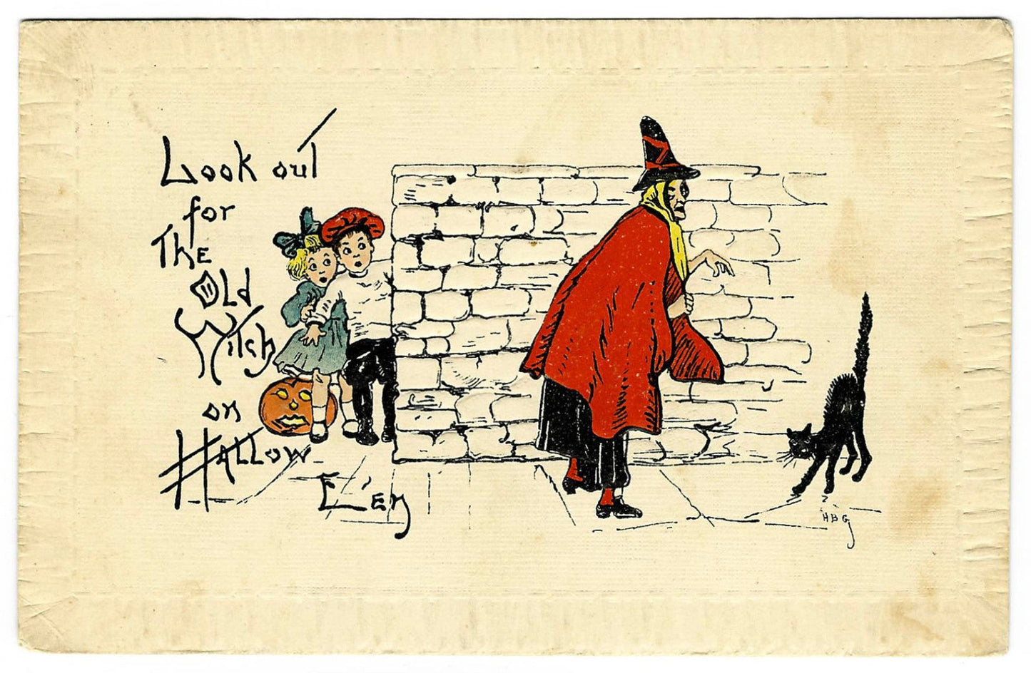 Lot 133 - Antique Hallowe'en Postcard “Look Out For The Old Witch On Hallowe'en” Depicting Children Hiding Behind Wall From Witch And Black Cat, H.B.G., Hallowe'en Series 7010, Printed In Germany, Postmarked Chicago, Illinois, 1914, Written On Verso