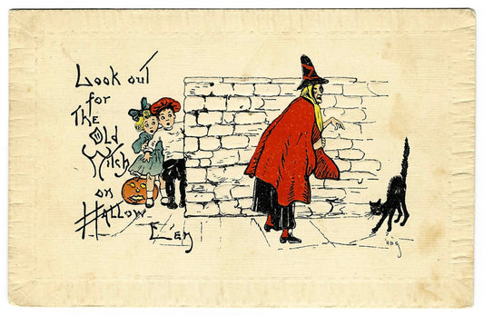 Lot 133 - Antique Hallowe'en Postcard “Look Out For The Old Witch On Hallowe'en” Depicting Children Hiding Behind Wall From Witch And Black Cat, H.B.G., Hallowe'en Series 7010, Printed In Germany, Postmarked Chicago, Illinois, 1914, Written On Verso