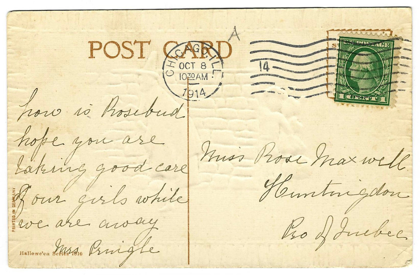 Lot 133 - Antique Hallowe'en Postcard “Look Out For The Old Witch On Hallowe'en” Depicting Children Hiding Behind Wall From Witch And Black Cat, H.B.G., Hallowe'en Series 7010, Printed In Germany, Postmarked Chicago, Illinois, 1914, Written On Verso