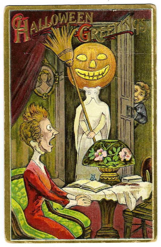 Lot 136 - Antique Embossed Hallowe'en Postcard “Hallowe'en Greetings” Depicting Woman At Table Surprised By Ghost With Jack-O-Lantern Head And Broom, Copyright Florence Bamberger, Postmarked Lawrenceville, Illinois, Written On Verso