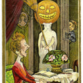 Lot 136 - Antique Embossed Halloween Postcard “Halloween Greetings” Depicting Woman At Table Surprised By Ghost With Jack-O-Lantern Head And Broom, Copyright Florence Bamberger, Postmarked Lawrenceville, Illinois, Written On Verso